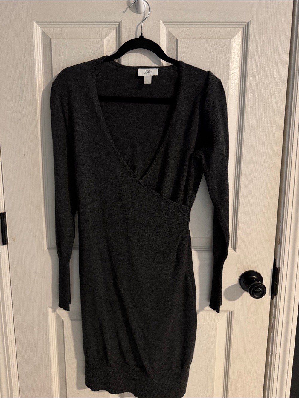 LOFT Charcoal Wrap-Style Long Sleeve Sweater Dress